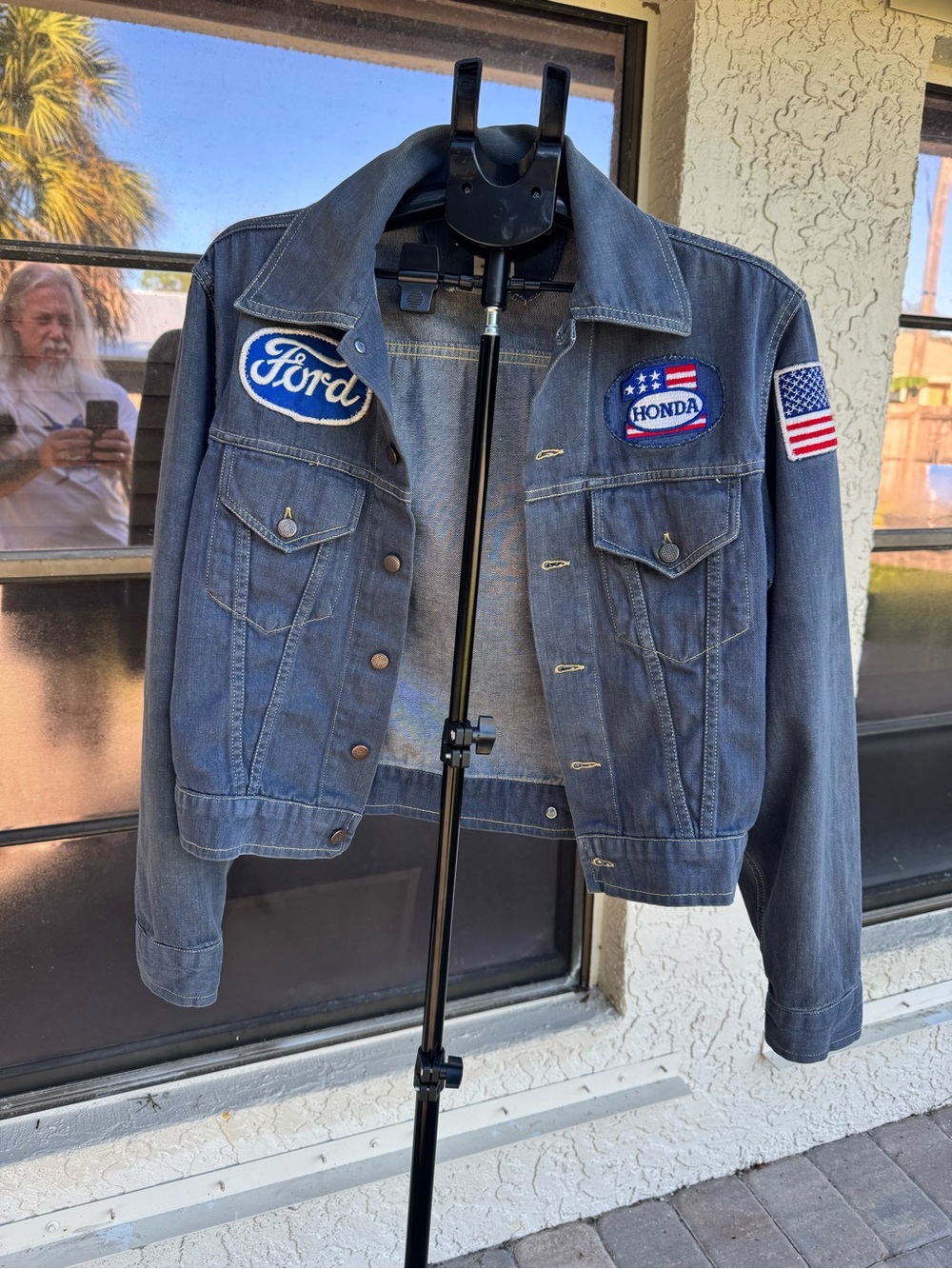 Classic Blue Denim Jacket with Automotive Patches - Ford & Honda